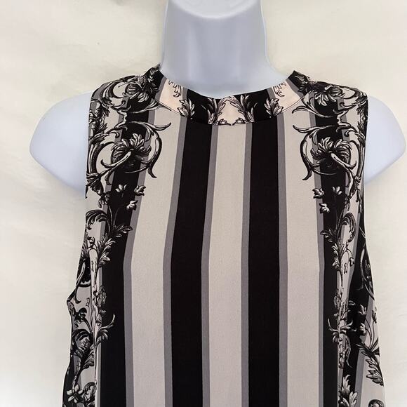 Bar III Stripe Shift Dress Sz M Black Cream Floral Mod Retro Chic Cocktail 60s - Picture 2 of 13